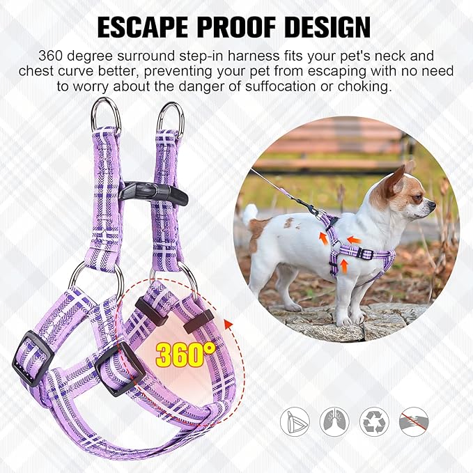 BEAUTYZOO No Pull Dog Harness and Leash Set - Adjustable Step-in Puppy Harness for Small Medium Large Dogs, Escape Proof Soft Nylon Vest with Double D Ring for Walking Running Training, Purple S
