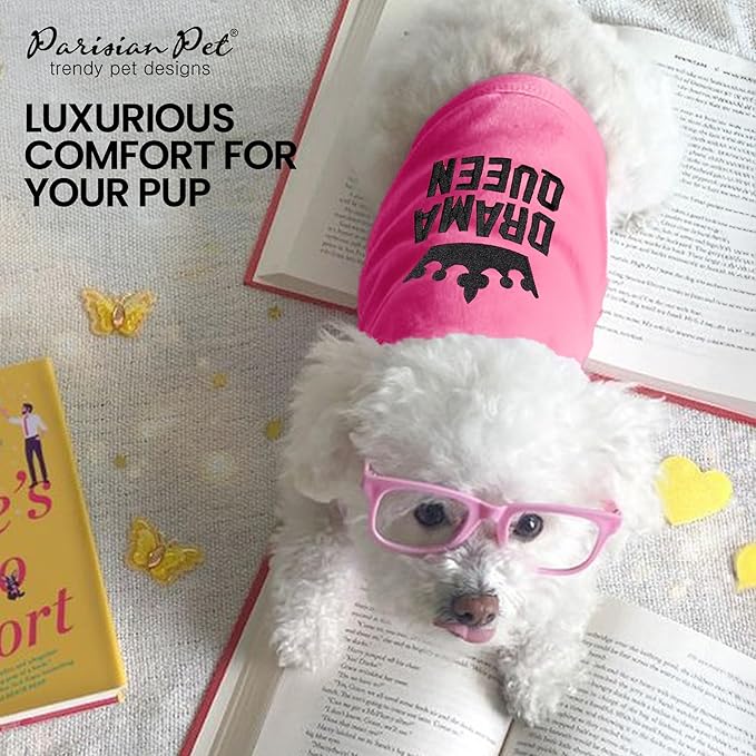 Parisian Pet Dog Tshirt - Embroidered “ Drama Queen “ Tank Top - Breathable and Lightweight Dog Clothes - Sleeveless Pink Tee Shirts - Machine Washable Shirts for Small Dogs Girl - XXS