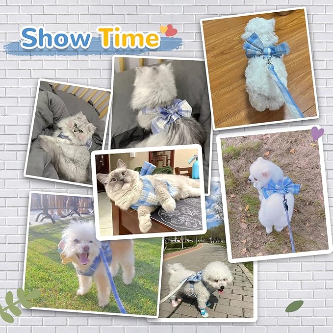 Dog Harness for Small Dogs with Bow Small Harness for Girl Dogs with D-Ring Soft Mesh Adjustable Harness Set Puppy Pet Harness and Leash