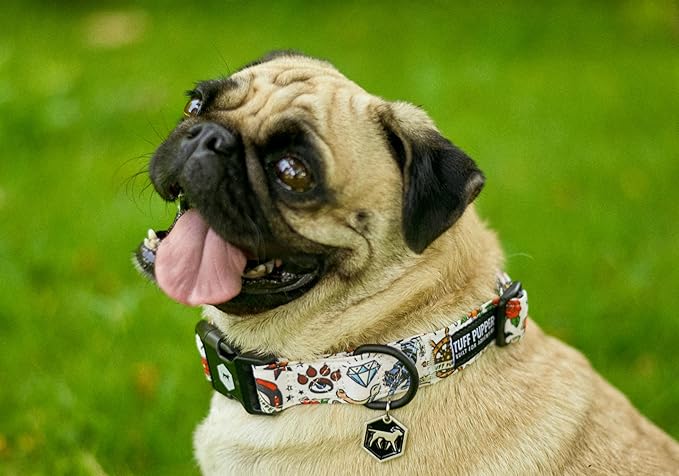 Tuff Pupper Premium Adjustable Dog Collar for Medium Girl Dogs, Stylish Pattern Collars Designed in USA, Quick Release Buckle, RebelWhite Print for Female Dogs, Medium (1 Inch Wide x 13-18 Inch Neck)