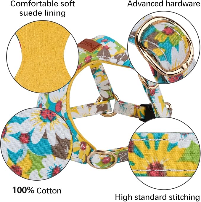 CHEDE Floral Yellow Daisy Dog Harness (XS, Small Dogs), Soft Breathable Cotton, Adjustable, No-Pull, with 360° Rotating Clasp Leash, Ideal for Walking, Jogging, Training