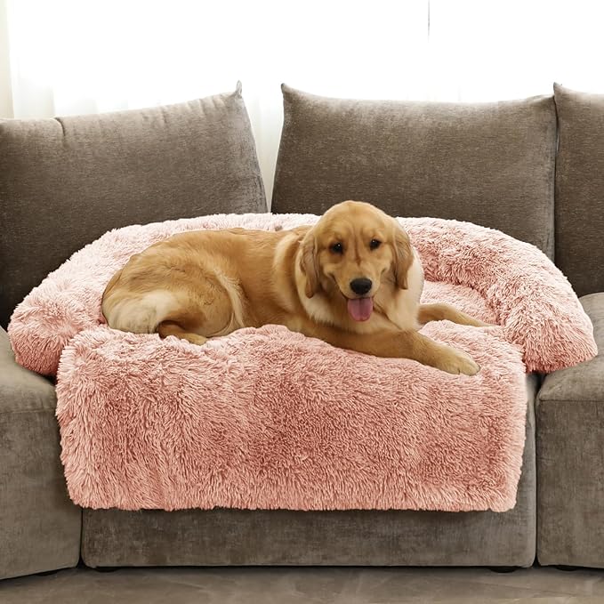 Calming Dog Bed Fluffy Plush Dog Mat for Furniture Protector with Removable Washable Cover for Large Medium Small Dogs and Cats (Extra Large (53x39.3x6), Pink)