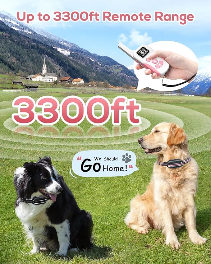 Dog Shock Collar for 2 Dogs (5-120lbs) 3300FT Dog Training Collar with Remote, Rechargeable E-Collar Waterproof Collars with 3 Training Modes for Large Medium Small Dog-Pink