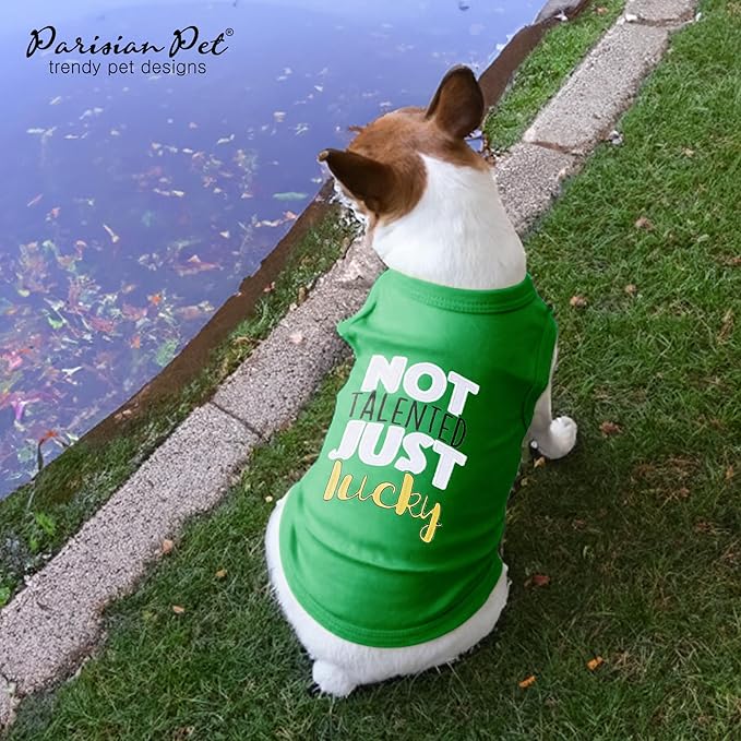 Parisian Pet Dog Tshirt - Embroidered “ Not Talented Just Lucky “ Dog Clothes - 100% Cotton Pet Vest - Sleeveless Green Tee Shirts - Machine Washable Shirt for Medium Dogs - M