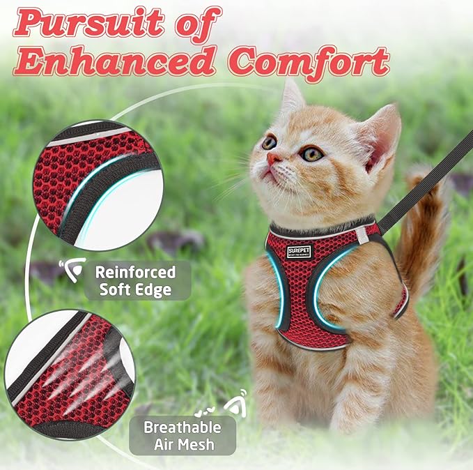 Cat Harness and Leash for Walking Escape Proof, Adjustable Kitten Vest Harness Reflective Soft Mesh Puppy Harness for Outdoor, Comfort Fit, Easy to Control (Red, XXS)