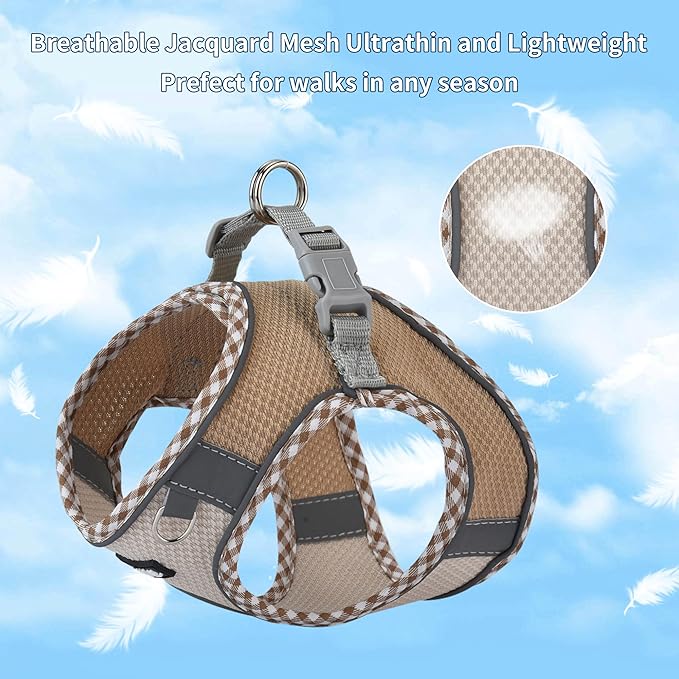 AIITLE Teacup Puppy Harness with Leash - Adjustable Soft Vest with Magic Velcro & Reflective Safety Strips, Easy-Put-On for Poodles, Pomeranians - Gym, Hiking, Travel (Brown-Beige, S)