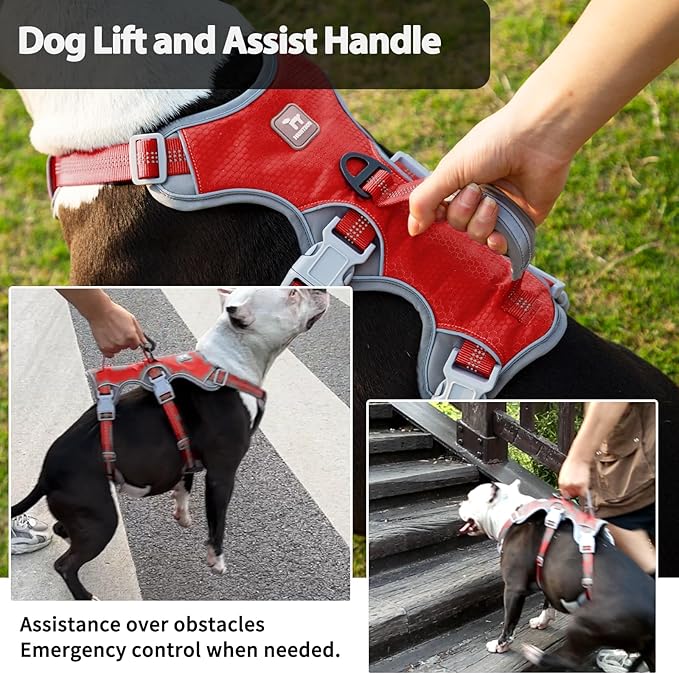 No Escape Dog Harness, Escape Proof Harness, Reflective Harness with Padded Handle, Breathable, Durable, Adjustable Vest for Large Dogs Walking, Training, and Running Gear (Red, L)