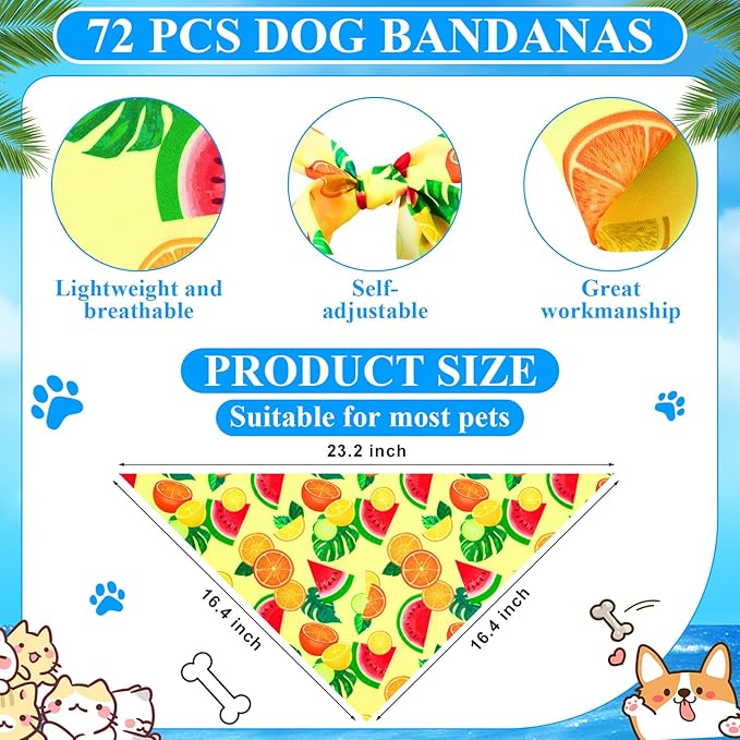 72 Pcs Hawaiian Dog Bandanas Bulk Summer Triangle Scarf Fruit Cat Bibs Puppy Scarf Flower Pet Bandanas for Puppy Cat Birthday Party Costume