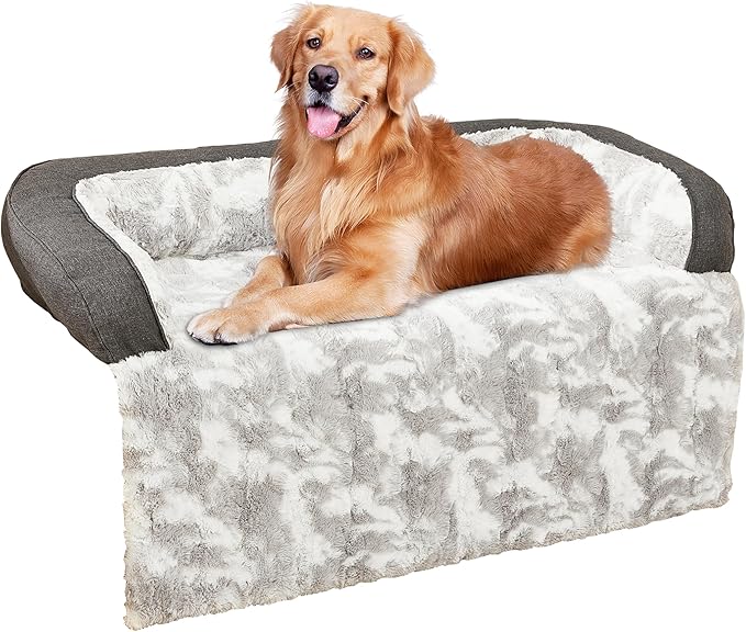 Calming Dog Couch Bed Mat, 41x37 Inch Waterproof Fluffy Sofa Cover, Furniture Protector with Handle, Removable and Washable Pet Bed for Medium Large Dogs and Cats (Grey)