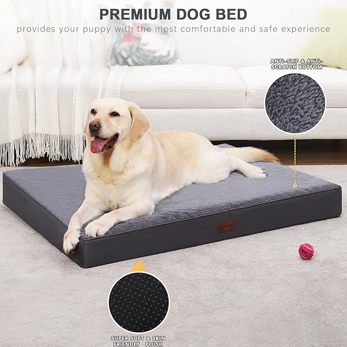 MIHIKK Waterproof Dog Beds Large Sized Dog Orthopedic Dog Beds for Crate with Removable Washable Cover Egg-Crate Foam Pet Pad Mat with Anti-Slip Bottom, 36x27 Inch, Grey