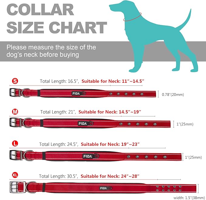 Fida Heavy Duty Dog Collar, Ultra Comfortable Soft Neoprene Padded, Adjustable Reflective Nylon Pet Collar with Durable Metal Belt Buckle for Large Breeds (L, Red)