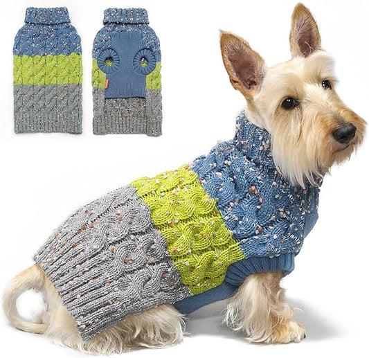 KYEESE Dog Sweater Color Block with Fuzzy Thread Knitted Turtleneck Dog Knitwear with dots in a Variety of Colors for Small Dogs Fall Winter Puppy Sweater, Green, XS