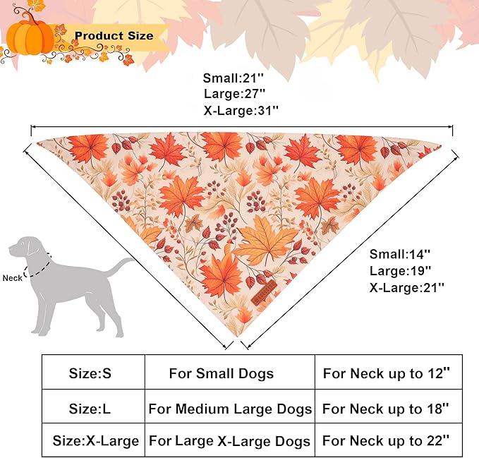 ADOGGYGO Fall Dog Bandana, Pumpkin Maple Leaf Autumn Thanksgiving Pet Scarf, Adjustable Fit Fall Bandanas for Medium Large Dogs Pets (Large)