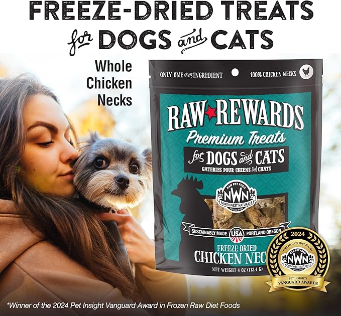 Northwest Naturals Raw Rewards Freeze-Dried Chicken Neck Treats for Dogs and Cats - Bite-Sized Pieces - Healthy, 1 Ingredient, Human Grade Ingredients, All Natural, Made in USA, 4 Oz (Pack of 3)