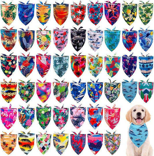 100PCS Dog Bandanas Hawaii Bulk Summer for Small Medium Dog Palms Leaves Fruits Flamingos Bench Ocean Triangle Bibs Scarves Boys Girls Grooming Accessories