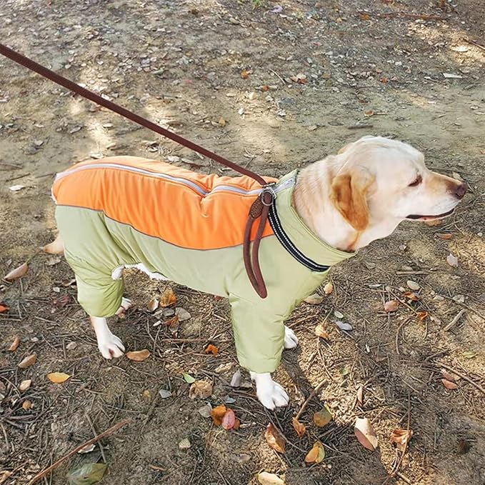 Toasty Warm 4-Legged Dog Snowsuit with Leash Ring, Reflective Zip Up Dog Winter Coat, Windproof Fleece Lining Dog Jumpsuit Jacket, LightGreen,12