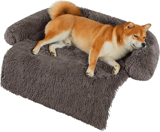 Codi Dog Bed for Couch - Calming Dogs Beds for Medium Pets, Fluffy Plush Cats Mat, Anti Anxiety Pet Mats with Removable Washable Cover Protector for Sofa, Ash Brown, 35x31x5 inches