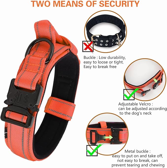 KCUCOP Tactical Dog Collar for Medium & Large Dogs - Military Nylon Heavy Duty Collar with Handle, Reflective Strip & Metal Buckle for Training, Outdoor (Orange Reflective, Medium)