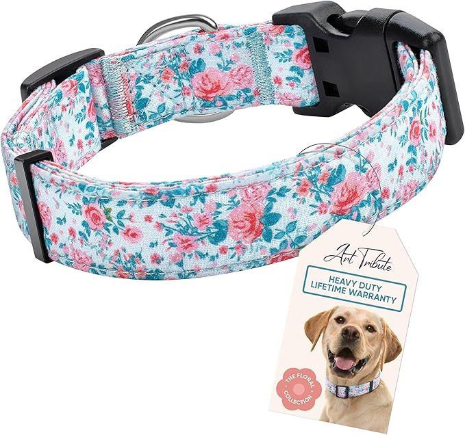 Dog Collar for Medium & Large Dogs - Rose Flowers Cotton Padded Pattern on Long Lasting, Adjustable, Strong and Durable Collars - Choose from Stunning Patterns and Colors
