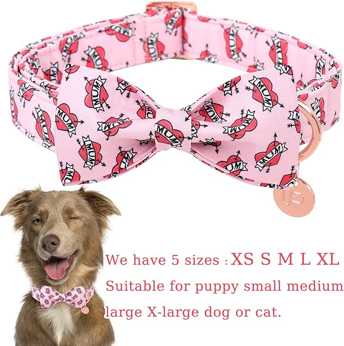 Mother’s Dog Collar with Bow Tie, Cute Cotton Girl Dog Collar, Adorable Pink Bowtie Collar for Medium Girl Dog, Female Dog Collar with Metal Buckle, M