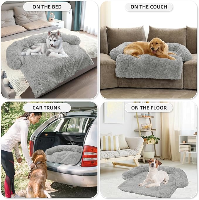 Calming Dog Bed Fluffy Plush Dog Mat for Furniture Protector with Removable Washable Cover for Large Medium Small Dogs and Cats (Extra Large (53x39.3x6), Grey)