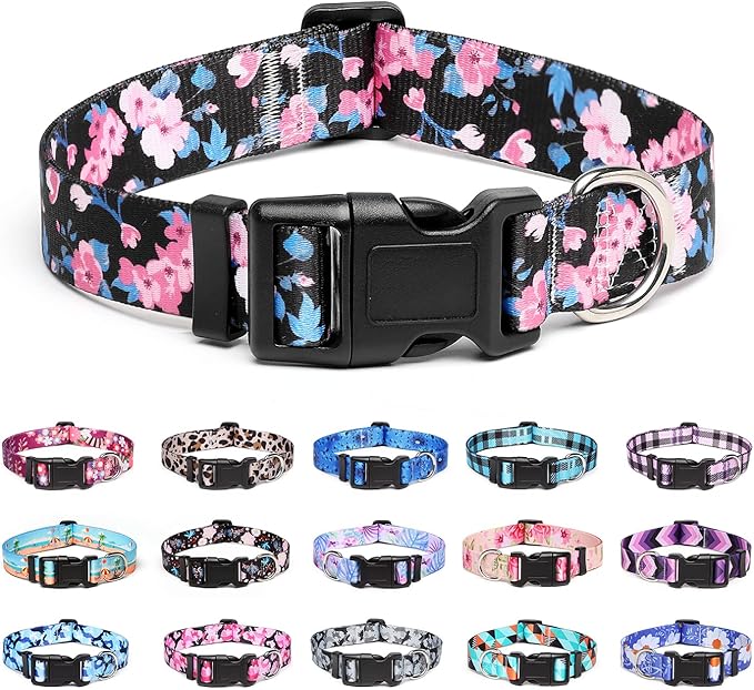 Adjustable Dog Collar with Patterns, Ultra Comfy Soft Nylon Breathable Pet Collar for Small Medium Large Dogs (M, Pink Blue Flower)