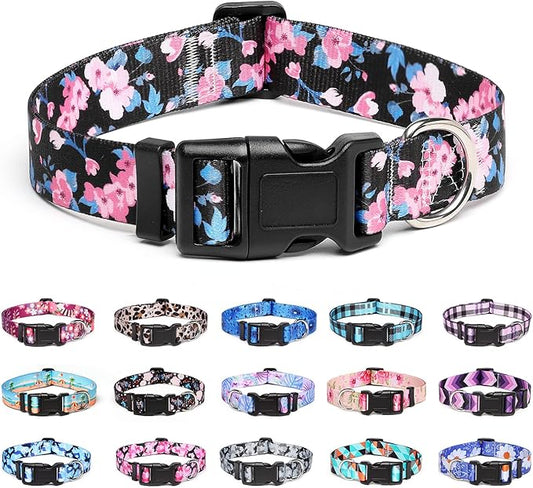 Adjustable Dog Collar with Patterns, Ultra Comfy Soft Nylon Breathable Pet Collar for Small Medium Large Dogs (M, Pink Blue Flower)