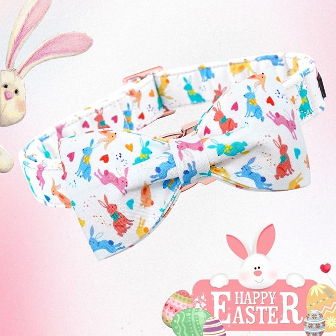 Lionheart glory Easter Dog Collar with Bow Tie Rabbit Print Dog Collar Girl or Boy Soft Durable Adjustable Collar Bows Spring Collar Dog Bow for Large Dogs