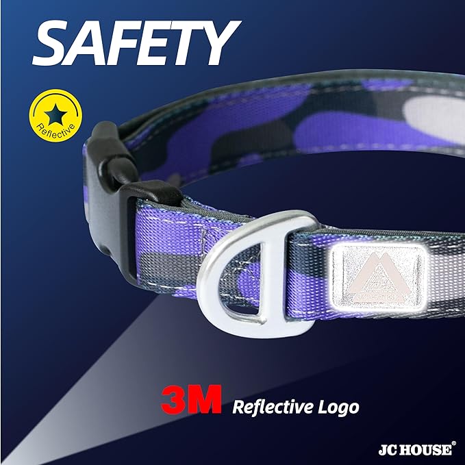Soft Padded Dog Collar, Neck 16’’-25’’, Adjustable Heavy Duty Collar with 3M Reflective Logo for Medium, Large Dogs, Camo Purple, L