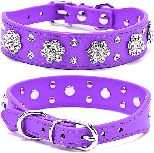 Cute Flower Rhinestone Dog Collar, Bling Collar PU Leather Adjustable Sizes Small Medium Large (M, Purple)