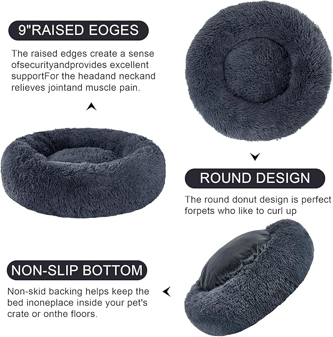 Calming Donut Dog Beds for Small Medium Large Dogs - Round Washable Dog Bed, Anti-Slip Faux Fur Fluffy Donut Cuddler Anxiety