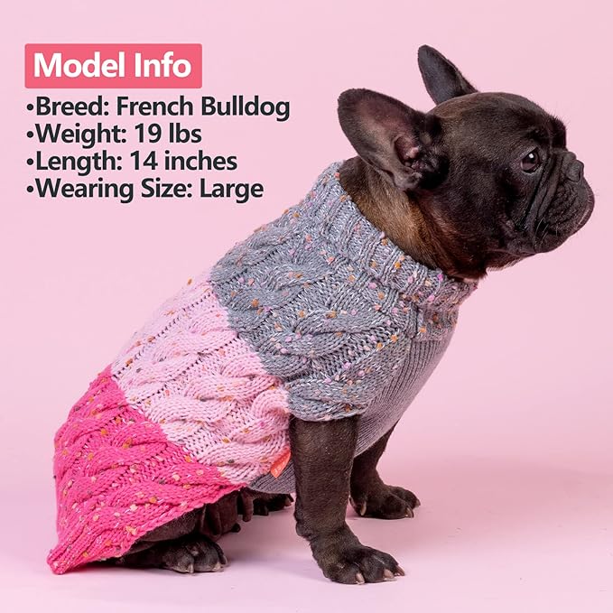 KYEESE Dog Sweater Color Block with Fuzzy Thread Knitted Turtleneck Dog Knitwear with dots in a Variety of Colors for Small Dogs Fall Winter Dog Clothes, Pink, L
