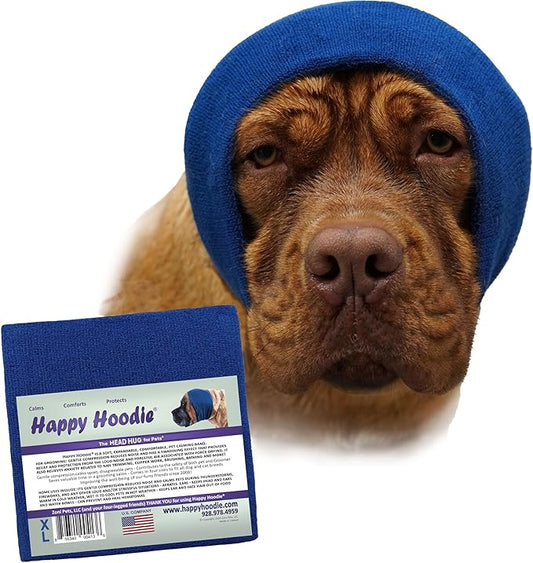 Happy Hoodie The Original Calming Band for Dogs & Cats - for Anxiety Relief – Noise Canceling for Fireworks, Thunderstorms, Pet Grooming & Force Drying - Dog Calming Aid Since 2008 (X-Large, Blue)