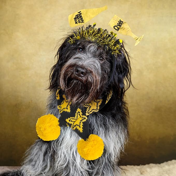 3 Pcs New Year Dog Costume Set Including Wine Glass Headband Happy New Year Dog Tutu Dress Cute Pet Tutu Gold and Black Star Pet Scarf for Medium Animal Holiday Outfit Accessory