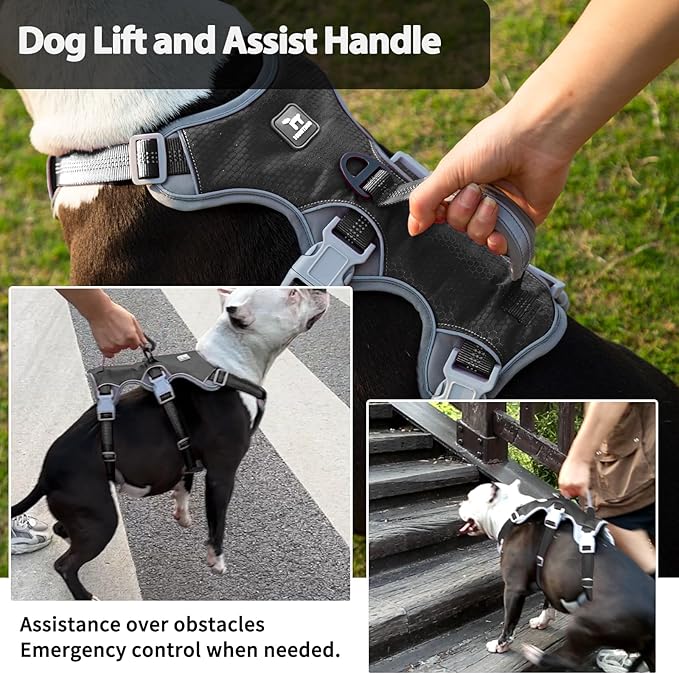 No Escape Dog Harness, Escape Proof Harness, Reflective Harness with Padded Handle, Breathable, Durable, Adjustable Vest for Large Dogs Walking, Training, and Running Gear（Black, L）