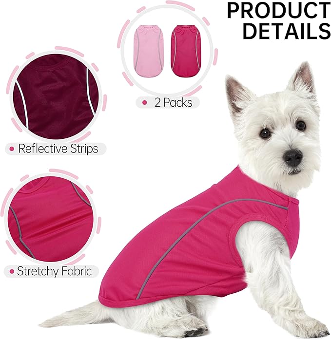 PUMYPOREITY 2Pack Dog Shirt for Small Dogs with Reflective Strip Safety for Night Walking, Soft Breathable Stretchy Tank Top Vest, Lightweight Stretchy Puppy Shirt, Pink, S