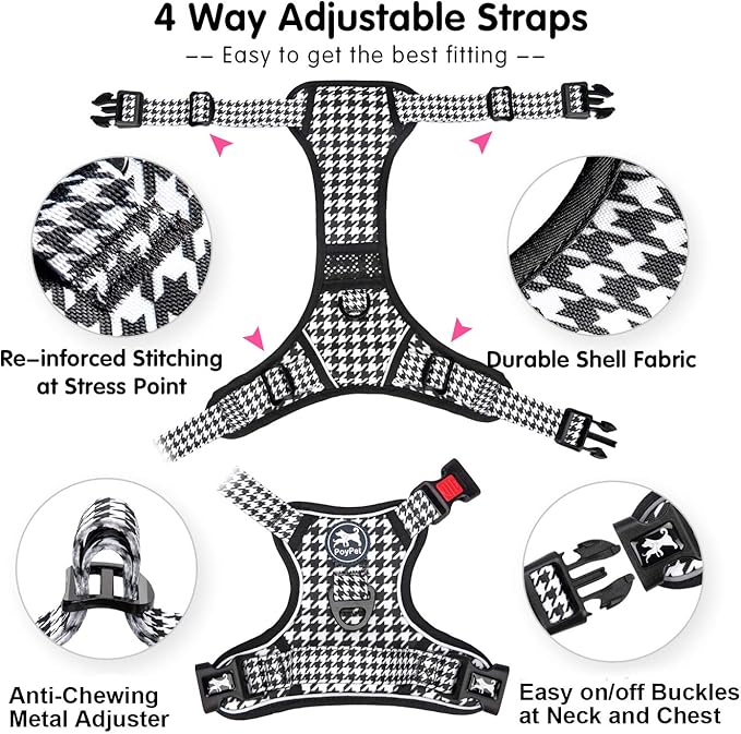 PoyPet No Pull Dog Harness, [Release on Neck] Reflective Adjustable No Choke Pet Vest with Front & Back 2 Leash Attachments, Soft Control Training Handle for Small Medium Large Dogs(Houndstooth,XS)