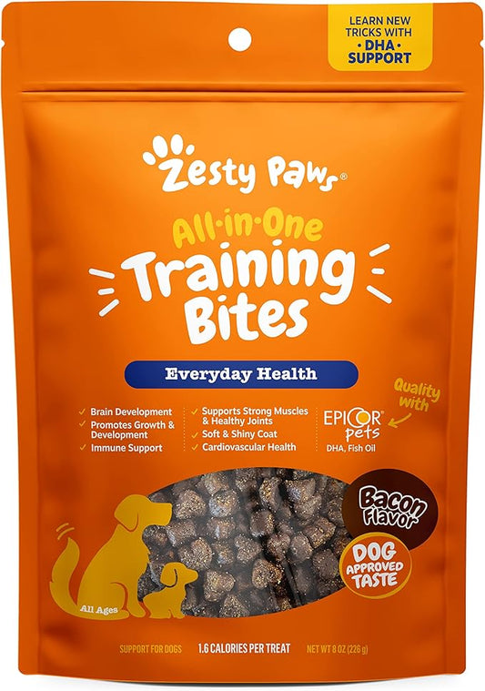 Zesty Paws Training Treats for Dogs - Training Treats for Puppies - Hip, Joint & Muscle Health - Immune, Brain, Heart, Skin & Coat Support - with Fish Oil Omega 3 Fatty Acids - Bacon Flavor – 8oz