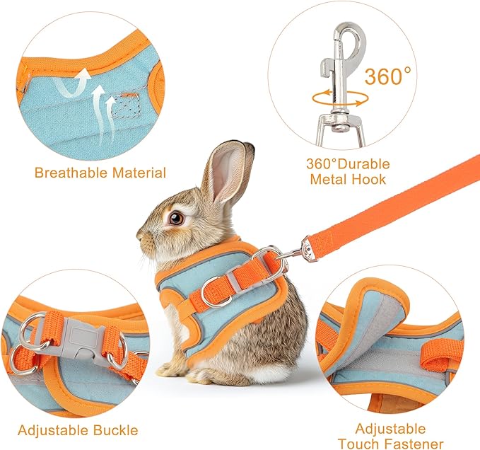 Adjustable Rabbit Harness and Leash Set Double Buckle with Reflective Strips Soft Bunny Breathable Vest Harness for Kitten Ferret Pig Puppy Small Animal Walking Accessories