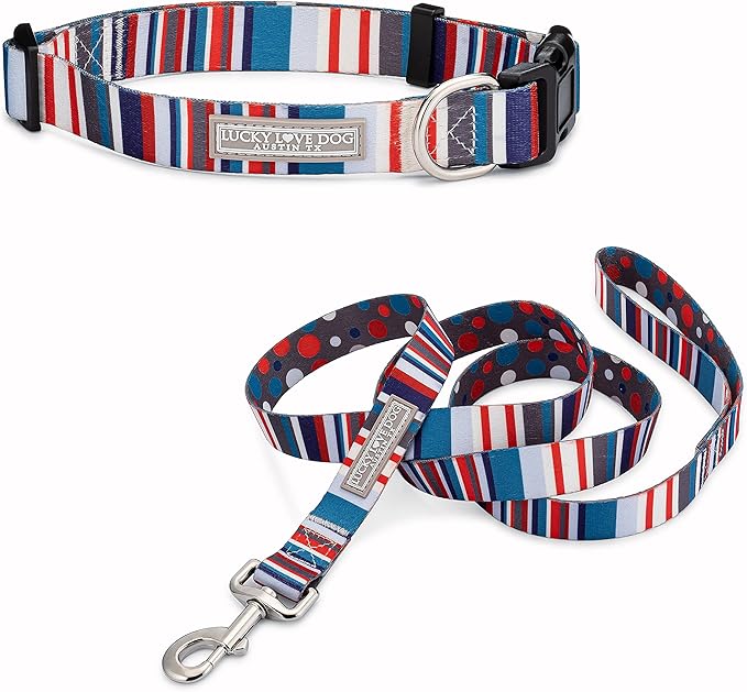 Lucky Love Dog - Adjustable Dog Collar and Leash Set with Easy Click Buckle for Small to Large Dogs, Durable, & Comfortable Collar for Male & Female Dogs, Puppies & Adult Ones - Linus Combo, Large