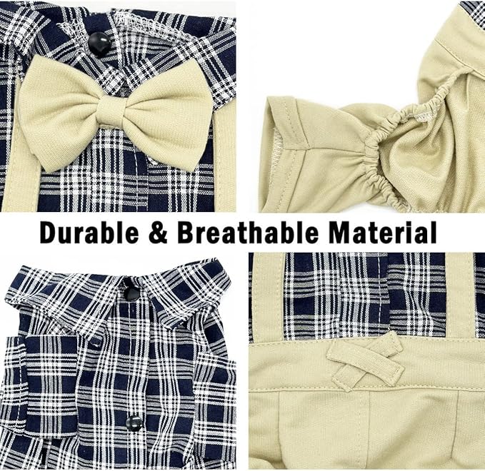 Pet Clothes Dog Shirts Classic Plaid Striped Overall Jumpsuit, Gentle Puppy Wedding Birthday Western Onesies Apparel, Fashion Daily Outfit with Bowtie for Dogs and Cats (Large, Khaki)