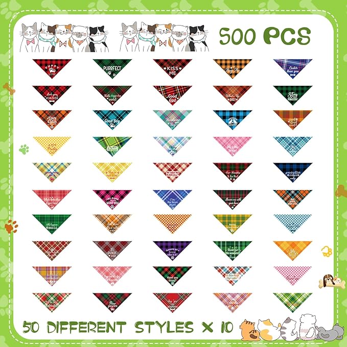 Buryeah 500 Pcs Plaid Dog Bandanas Bulk for Groomers Pet Scarf Puppy Bibs with Cute Sayings Adjustable Washable Pet Spring Summer Accessories for Small to Large Dogs Cats(Classic Plaid)