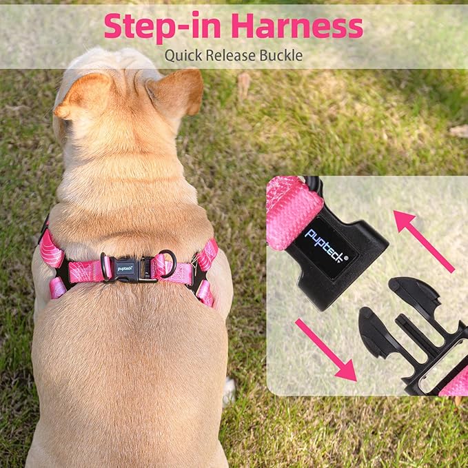 PUPTECK No Pull Dog Harness Soft Adjustable Basic Nylon Step in Puppy Vest Outdoor Walking with Leash Printed Pink