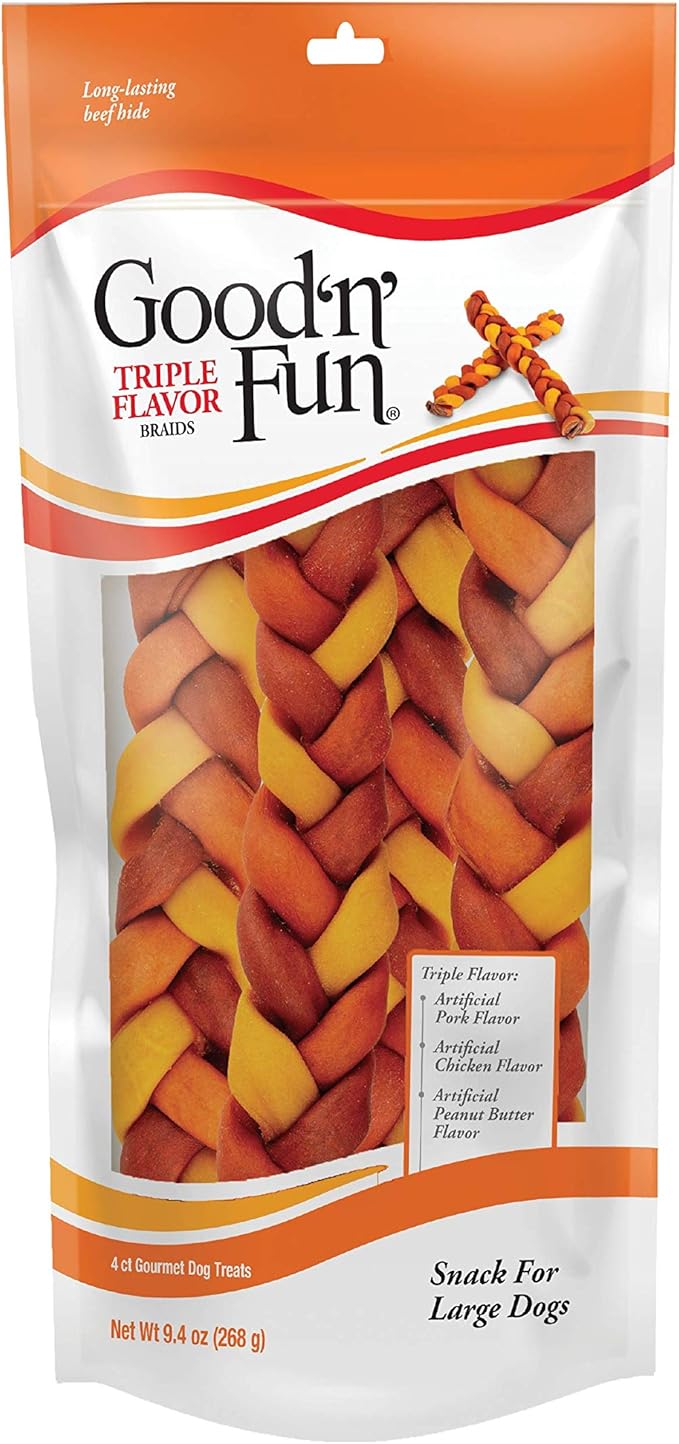 Good'n'Fun Triple Flavor 9" Rawhide Braid 4 ct, Pack of 12, P-94290