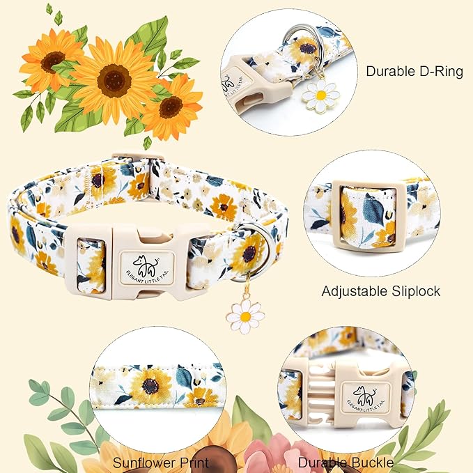 Elegant little tail Dog Collar,Sunflower Pattern Pet Collar Cute Durable Spring Female or Male Adjustable Cotton Pet Collar with Quick Release Buckle for X-Small Puppy