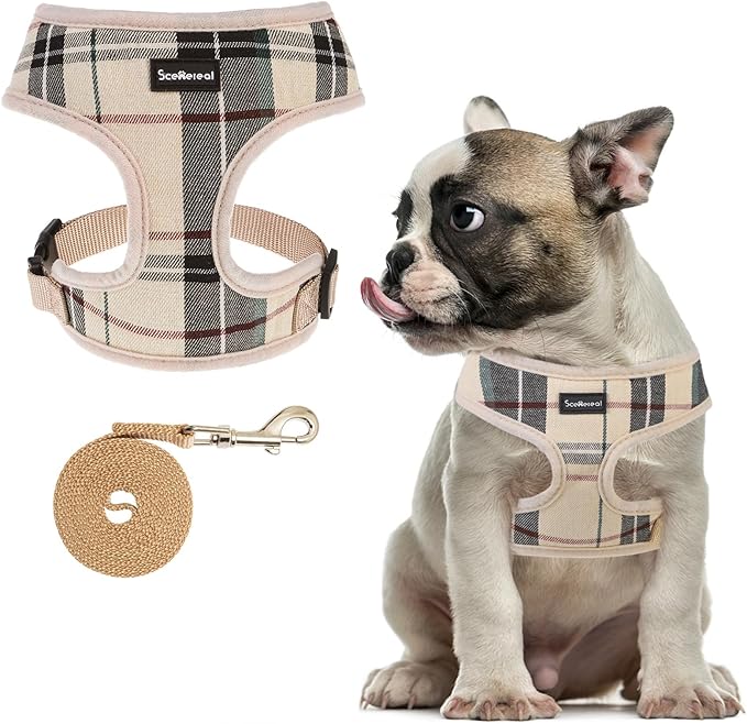SCENEREAL Puppy Dog Harness with Leash Set for Small Medium Sized Dogs, Soft Mesh Step in Pet Harnesses and Leash, No Chock Plaid Adjustible No Pull Vest for Dogs Cats, Chihuahua,Bulldog (Beige M)
