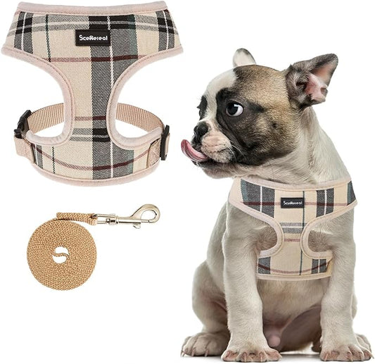 SCENEREAL Puppy Dog Harness with Leash Set for Small Medium Sized Dogs, Soft Mesh Step in Pet Harnesses and Leash, No Chock Plaid Adjustible No Pull Vest for Dogs Cats, Chihuahua,Bulldog (Beige M)