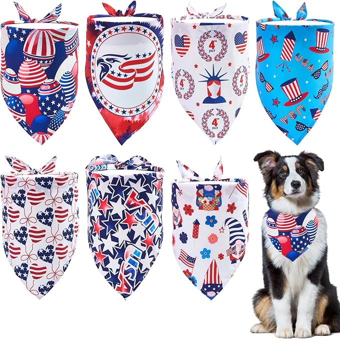 4th of July Dog Bandanas for Large Dogs 7 Pcs Patriotic Dog Bandanas Adjustable Independence Day American Flag Day Dogs Scarves Grooming L