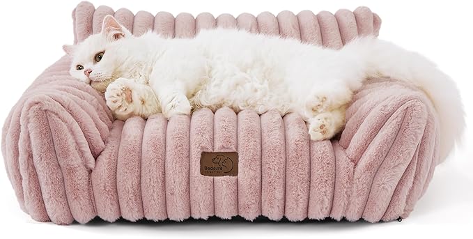 Bedsure Cute Couch for Pets - Fluffy Cat Sofa with Premium Soft Corduroy Fleece, Fuzzy Couch Bed with Removable Washable Cover, Supportive Cat Chair for Indoor Cats, 24inch, Blush Pink