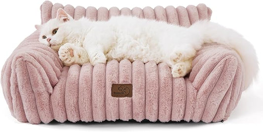 Bedsure Cute Couch for Pets - Fluffy Cat Sofa with Premium Soft Corduroy Fleece, Fuzzy Couch Bed with Removable Washable Cover, Supportive Cat Chair for Indoor Cats, 24inch, Blush Pink
